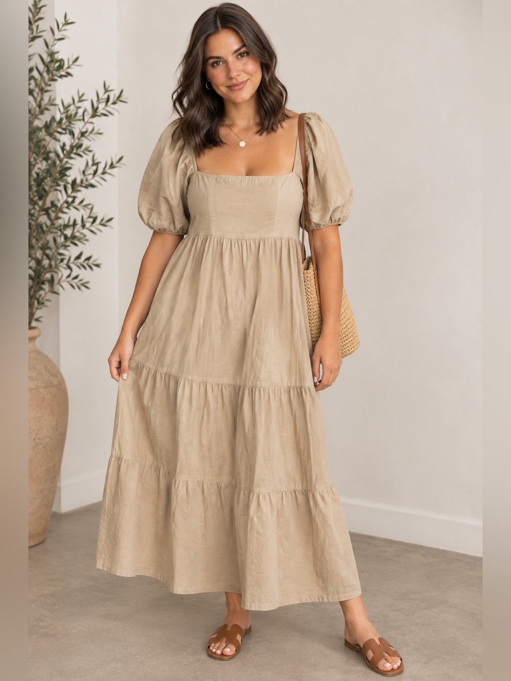 GAP Puff Tiered Midi Dress in Sand Khaki Tan Size XL Tall NWT